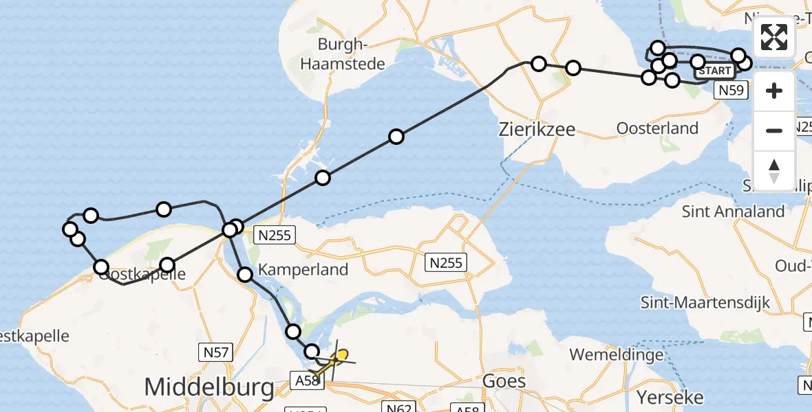 Routekaart van de vlucht: Kustwachthelikopter naar Vliegveld Midden-Zeeland, Geul van Herkingen