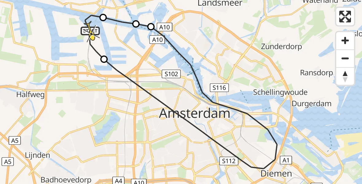 Routekaart van de vlucht: Lifeliner 1 naar Amsterdam Heliport, Corsicaweg