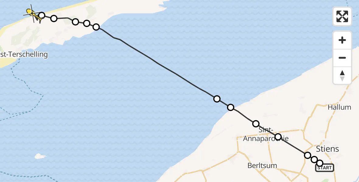 Routekaart van de vlucht: Ambulanceheli naar West-Terschelling, Skrédyk