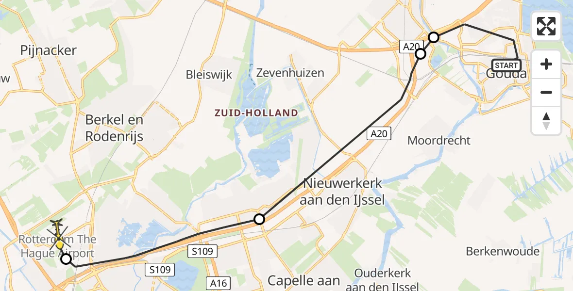 Routekaart van de vlucht: Politieheli naar Rotterdam The Hague Airport, Groen van Prinsterersingel