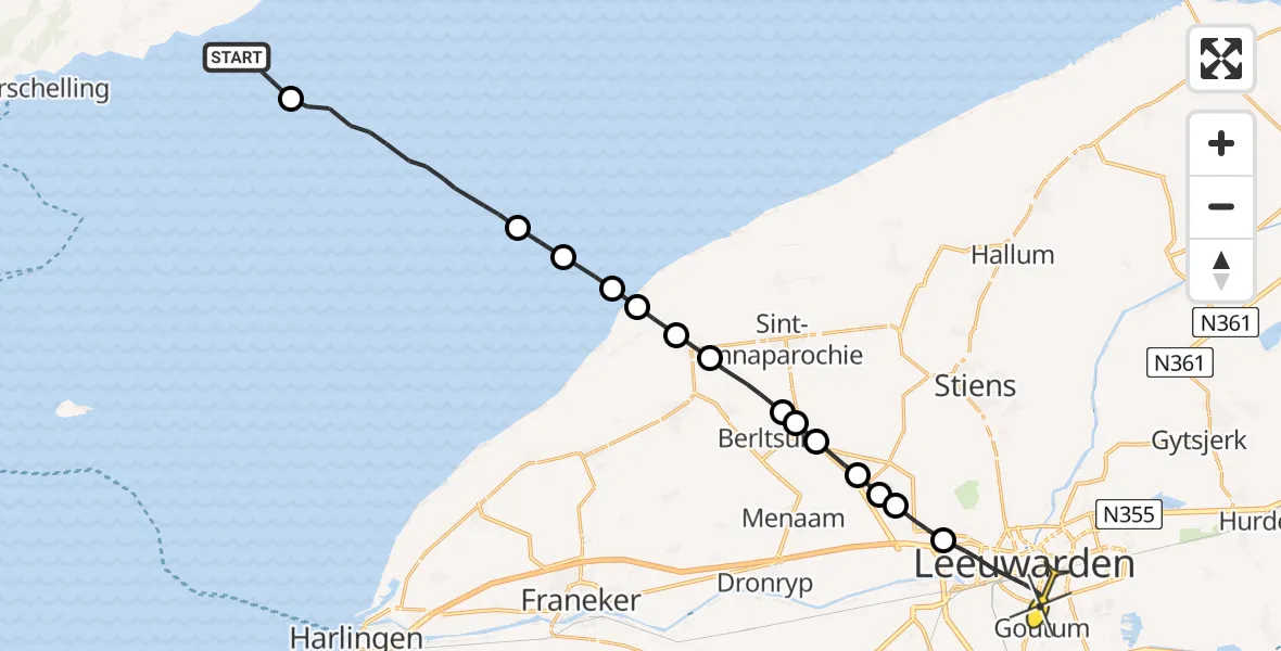Routekaart van de vlucht: Ambulanceheli naar Leeuwarden, Borniastraat