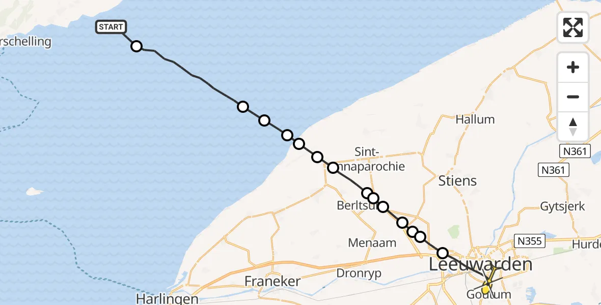 Routekaart van de vlucht: Ambulancehelikopter naar Leeuwarden, Borniastraat