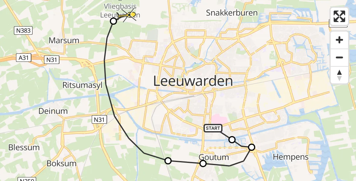 Vluchtroute Ambulancehelikopter van Leeuwarden naar Vliegbasis Leeuwarden
