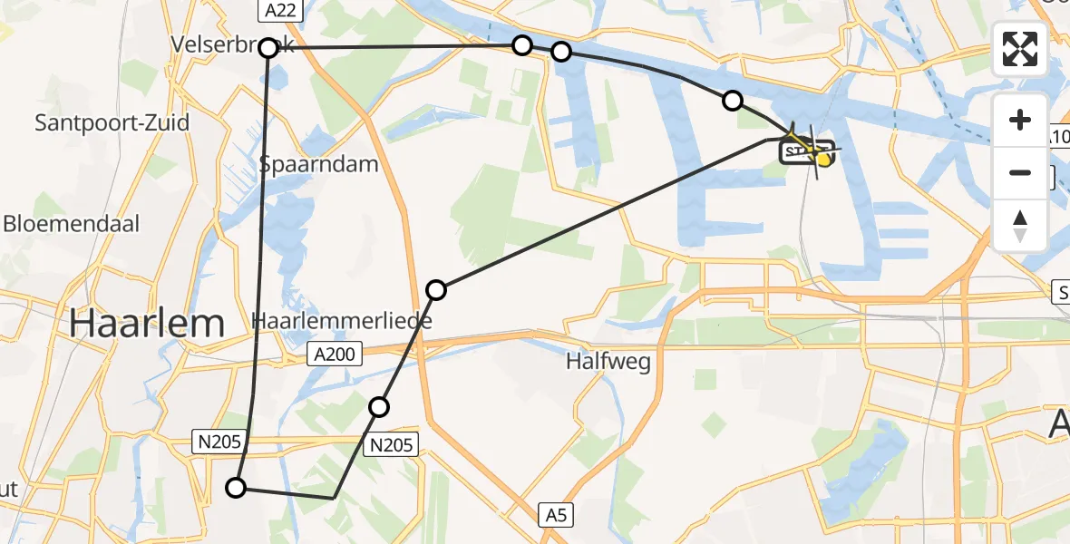 Routekaart van de vlucht: Lifeliner 1 naar Amsterdam Heliport, Capriweg