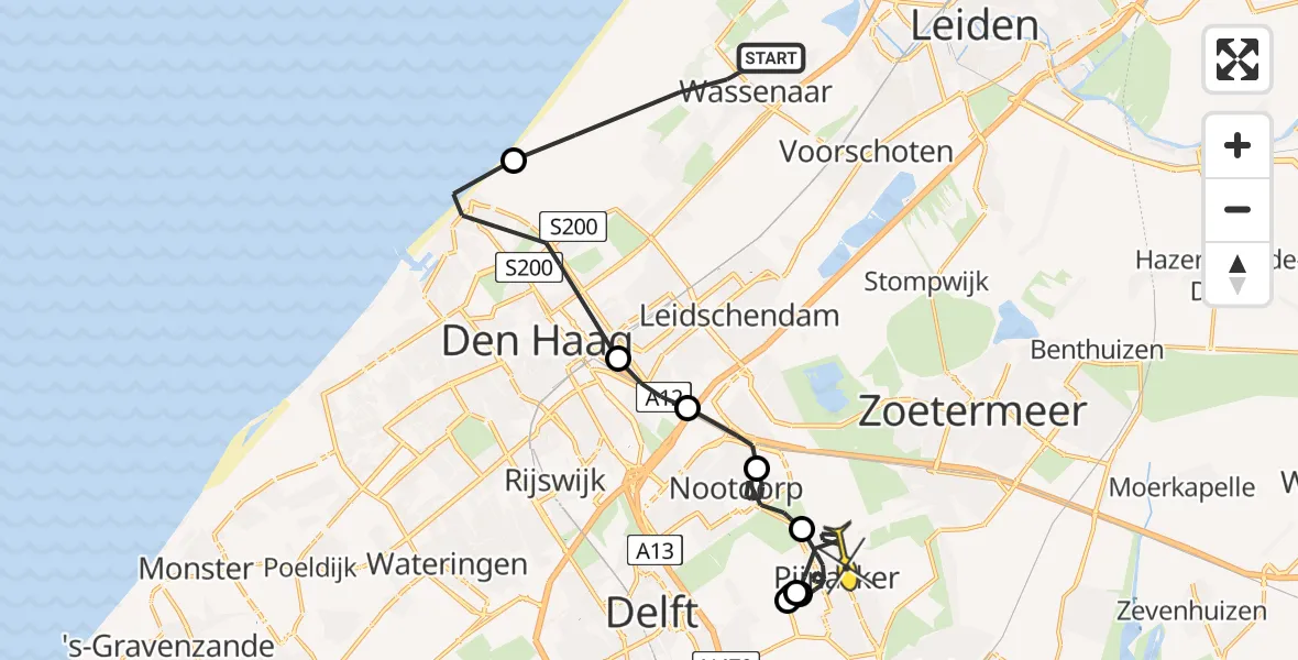 Routekaart van de vlucht: Politieheli naar Pijnacker, Duinrellweg