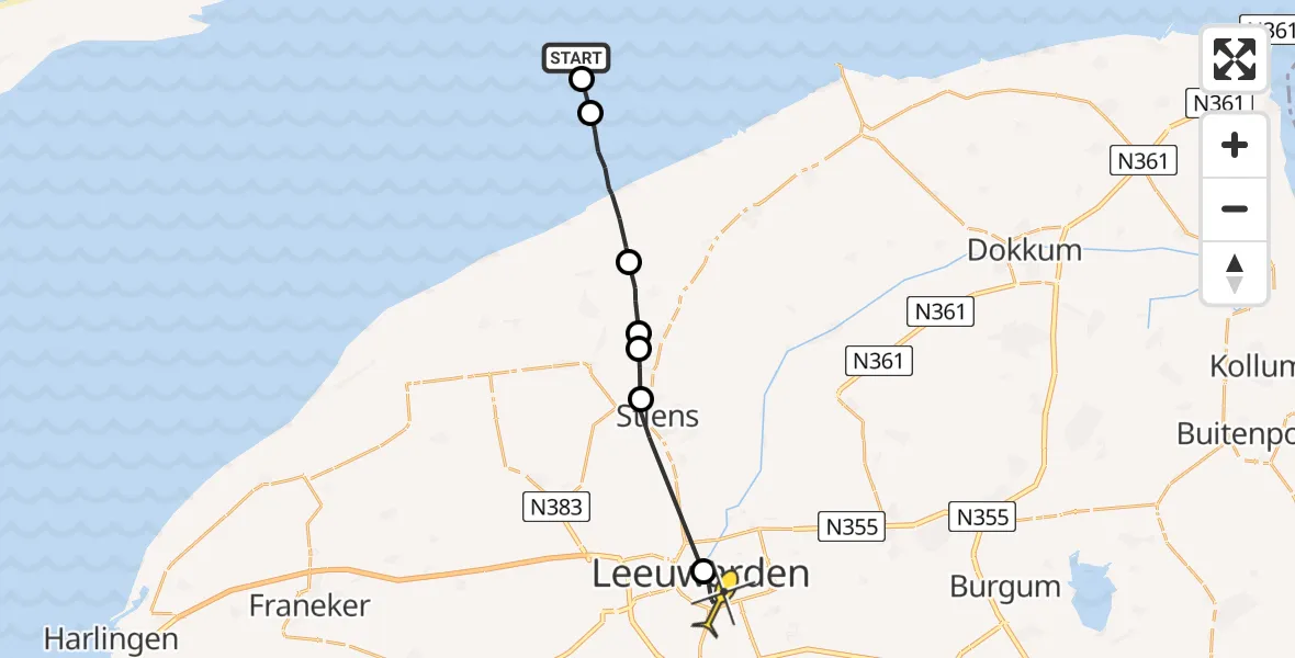 Routekaart van de vlucht: Ambulancehelikopter naar Leeuwarden, Borniastraat
