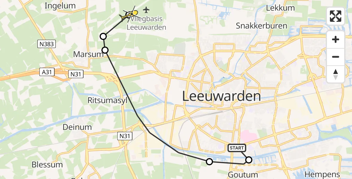 Vluchtroute Ambulancehelikopter van Leeuwarden naar Vliegbasis Leeuwarden