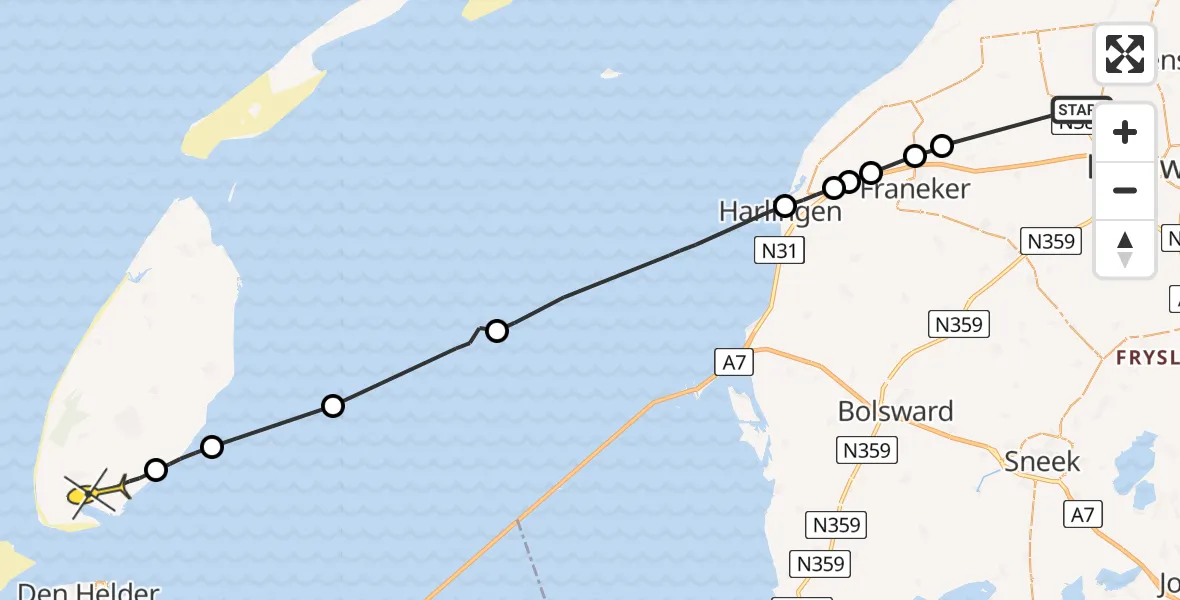 Routekaart van de vlucht: Ambulancehelikopter naar Den Hoorn, Dongjumerweg