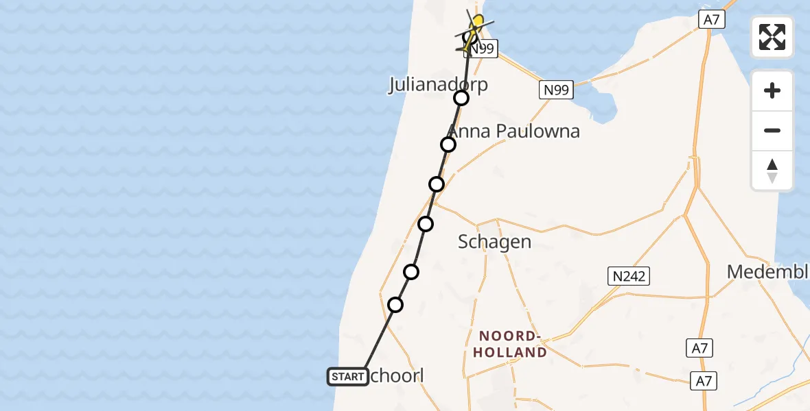 Routekaart van de vlucht: Kustwachthelikopter naar Vliegveld De Kooy, Hargerzeeweg