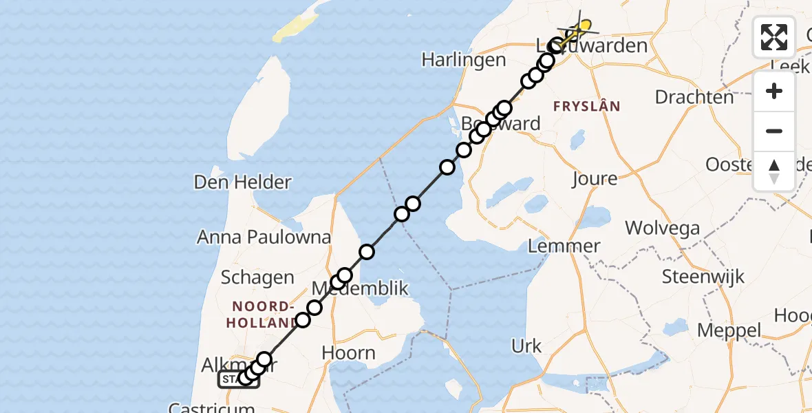 Routekaart van de vlucht: Ambulanceheli naar Leeuwarden, Westdijk