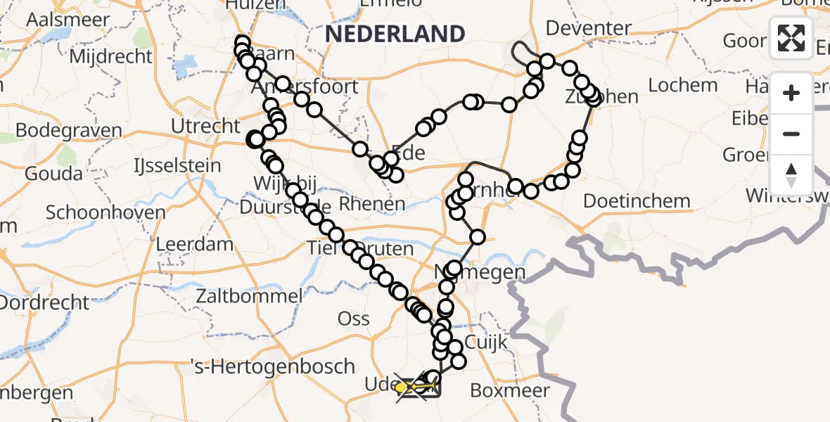 Routekaart van de vlucht: Politieheli naar Vliegbasis Volkel, Zeelandsedijk