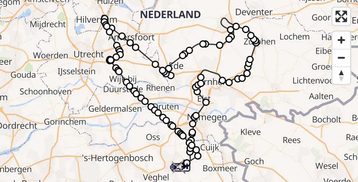 Vluchtroute Politiehelikopter van Vliegbasis Volkel naar Vliegbasis Volkel