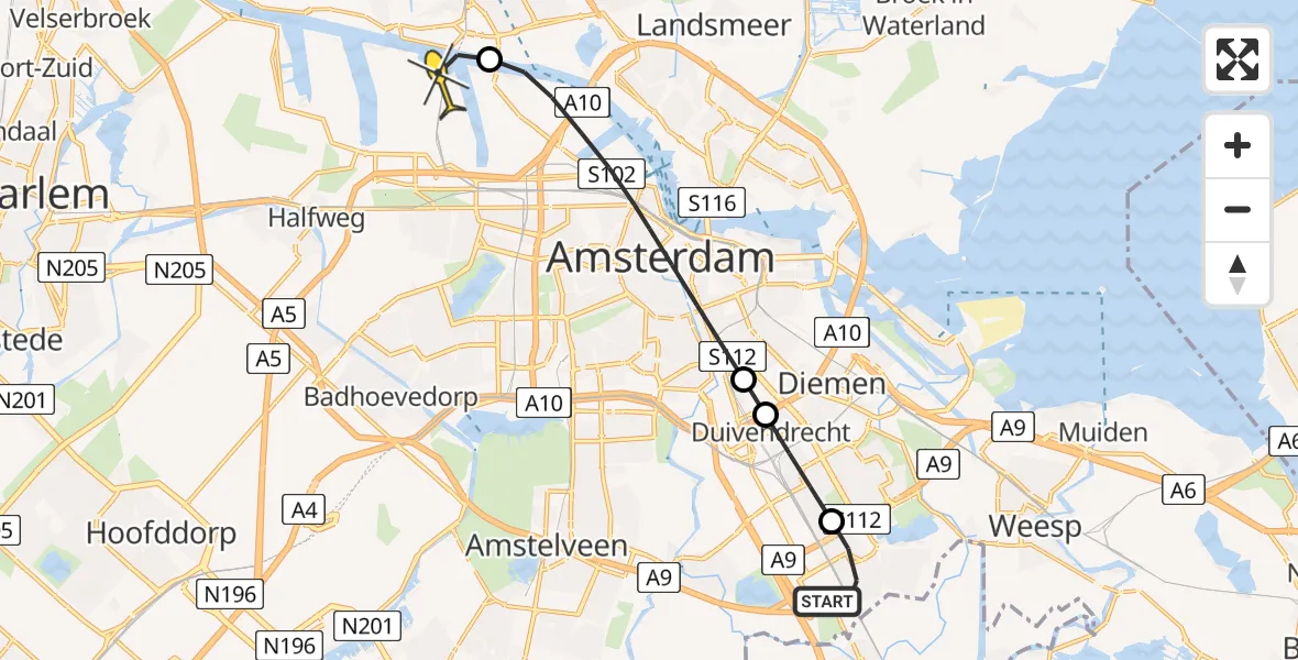 Routekaart van de vlucht: Lifeliner 1 naar Amsterdam Heliport, Tefelenstraat