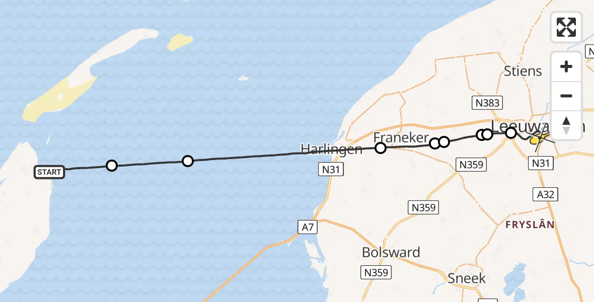 Routekaart van de vlucht: Ambulanceheli naar Leeuwarden, Borniastraat