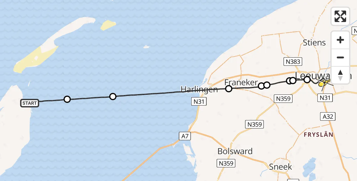 Routekaart van de vlucht: Ambulancehelikopter naar Leeuwarden, Borniastraat
