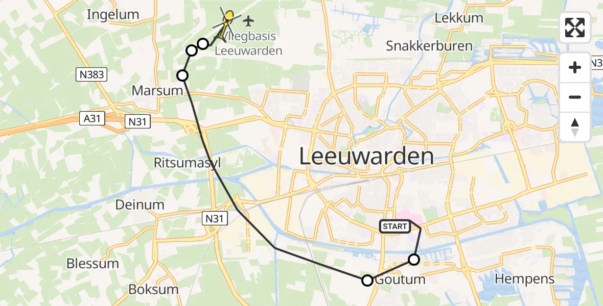 Vluchtroute Ambulancehelikopter van Leeuwarden naar Vliegbasis Leeuwarden