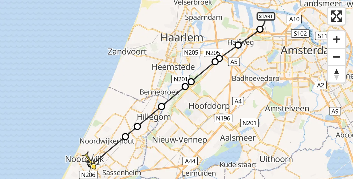 Routekaart van de vlucht: Lifeliner 1 naar Noordwijk, Nieuw-Zeelandweg