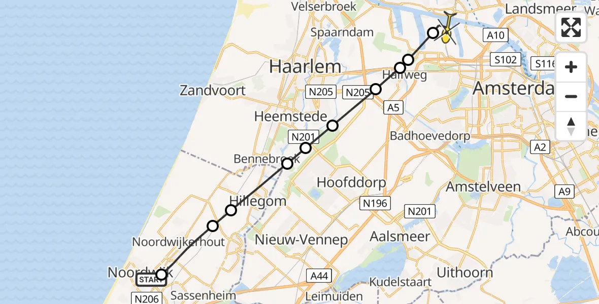 Routekaart van de vlucht: Lifeliner 1 naar Amsterdam Heliport, Leeweg