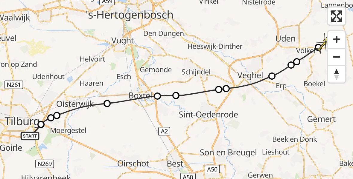 Routekaart van de vlucht: Lifeliner 3 naar Vliegbasis Volkel, Koningshoeven