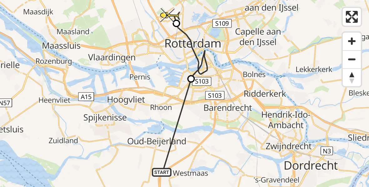 Routekaart van de vlucht: Politieheli naar Rotterdam The Hague Airport, Korhaanstraat