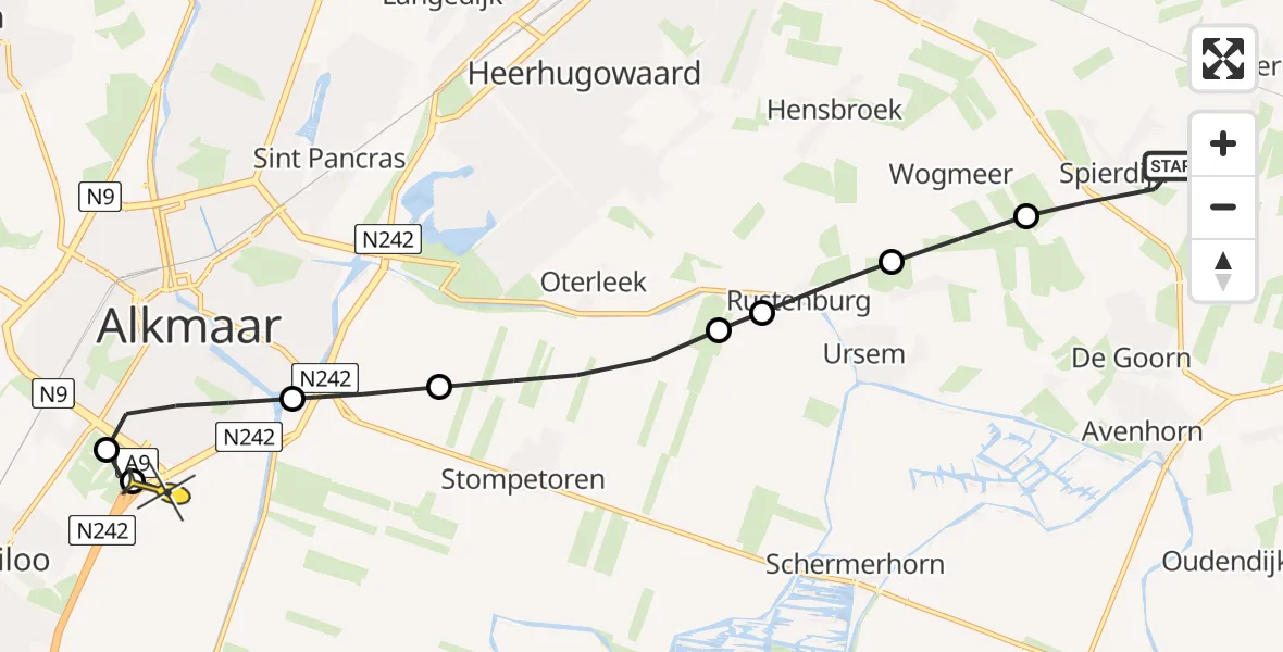 Routekaart van de vlucht: Lifeliner 1 naar Alkmaar, Spierdijkerweg