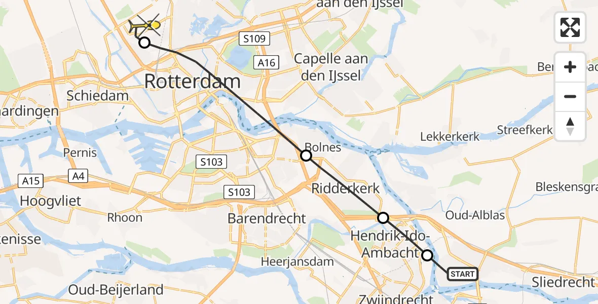 Routekaart van de vlucht: Lifeliner 2 naar Rotterdam The Hague Airport, Willem Kloosstraat