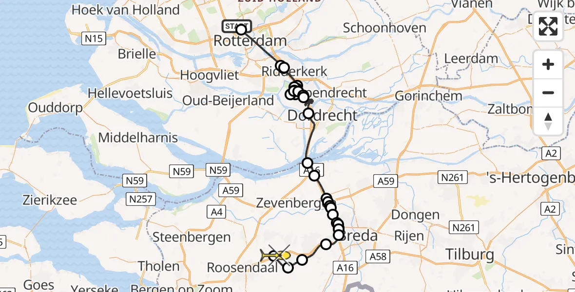 Routekaart van de vlucht: Politieheli naar Breda International Airport, HSL-Zuid