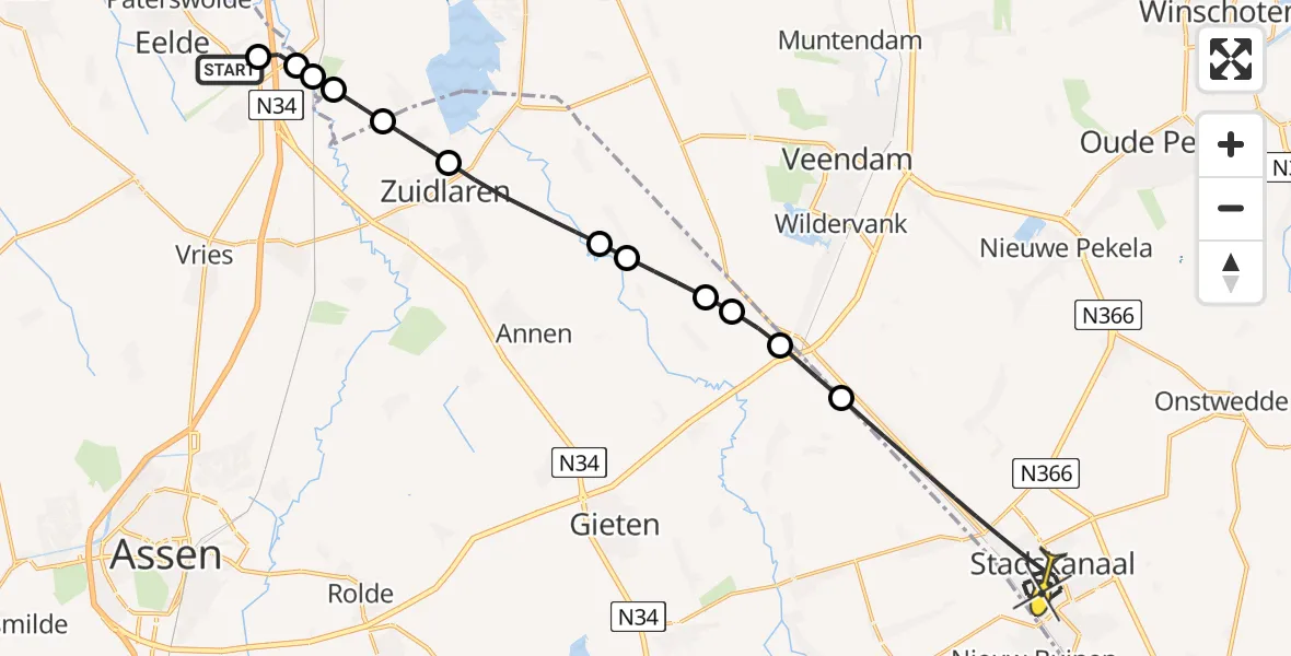 Routekaart van de vlucht: Lifeliner 4 naar Stadskanaal, Burgemeester J.G. Legroweg