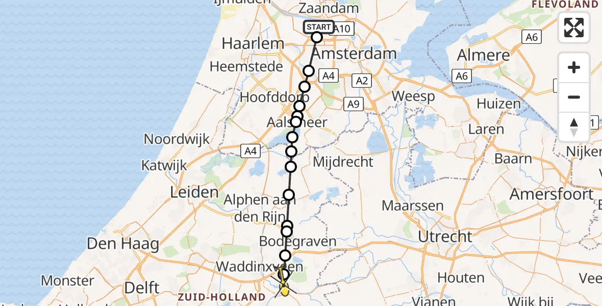 Routekaart van de vlucht: Lifeliner 1 naar Gouda, Nieuw-Zeelandweg