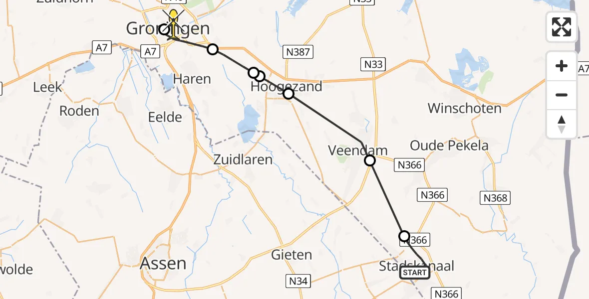 Routekaart van de vlucht: Lifeliner 4 naar Universitair Medisch Centrum Groningen, Onstaborg