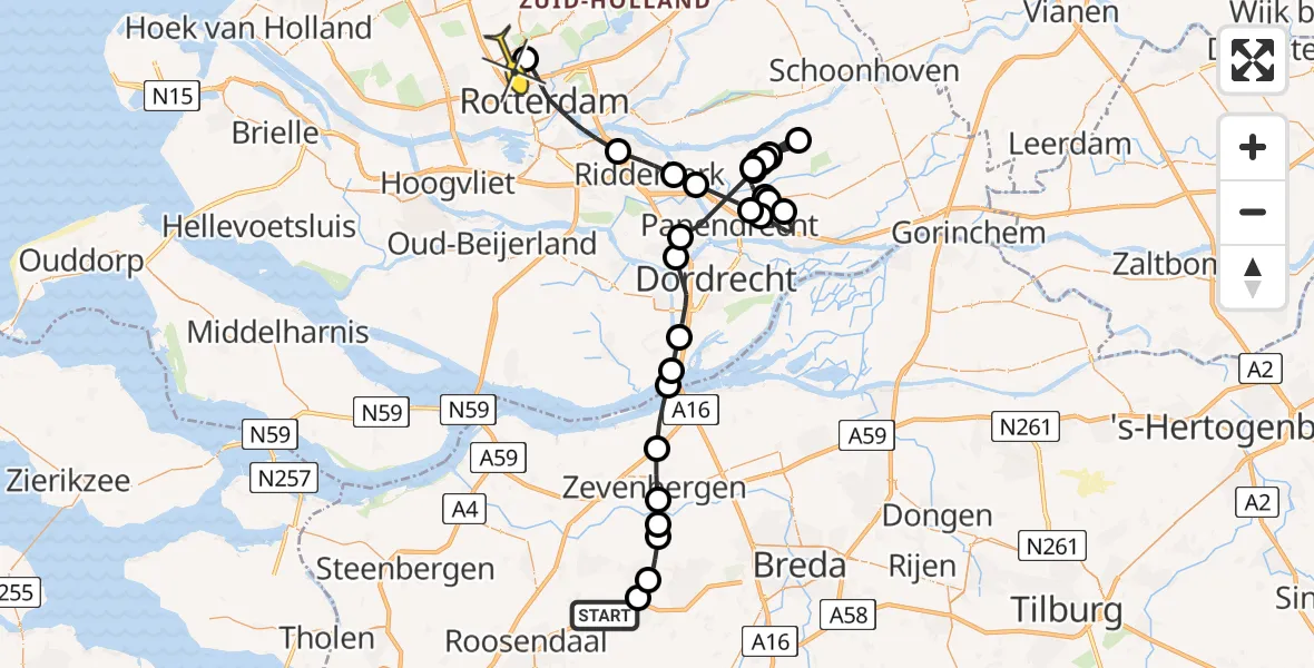 Routekaart van de vlucht: Politieheli naar Rotterdam The Hague Airport, Oude Bredasepostbaan