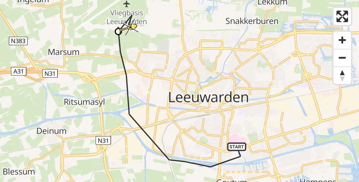 Vluchtroute Ambulancehelikopter van Leeuwarden naar Vliegbasis Leeuwarden