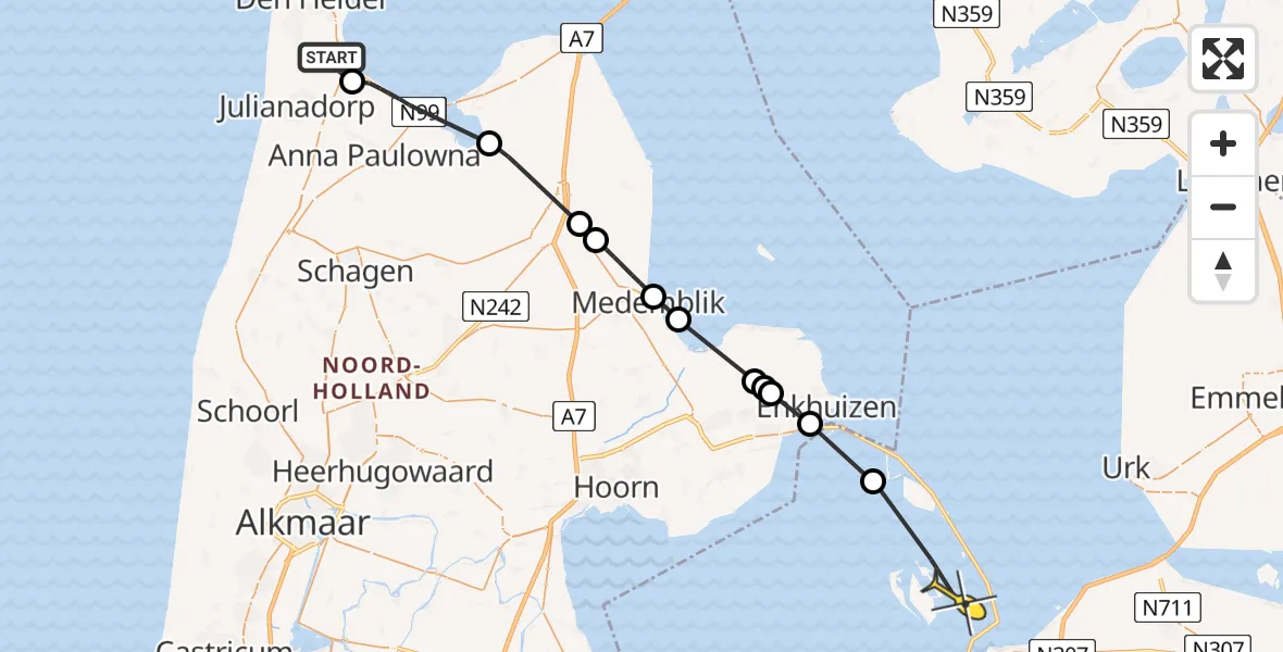 Routekaart van de vlucht: Kustwachthelikopter naar Lelystad, Schorweg