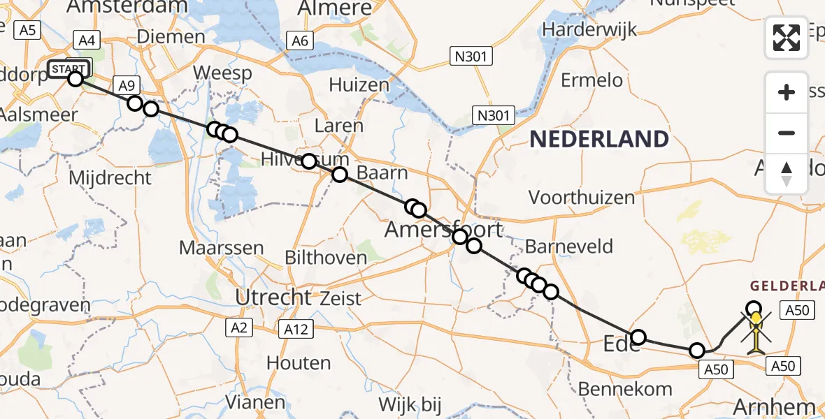 Routekaart van de vlucht: Politieheli naar Vliegbasis Deelen, Meester Jac. Takkade