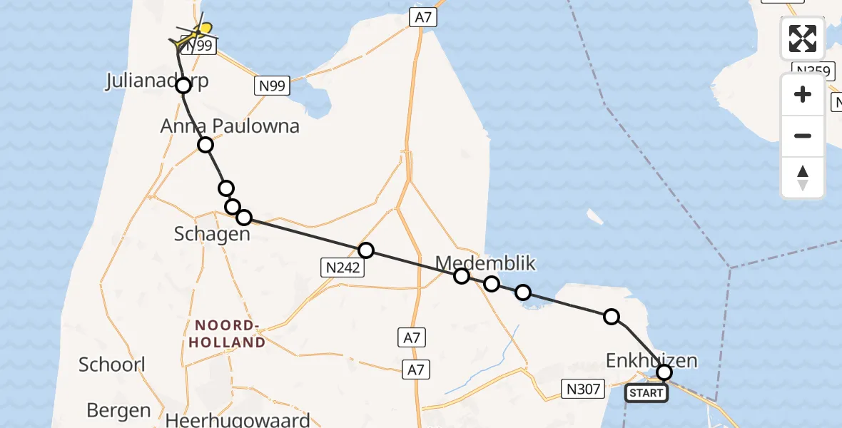 Routekaart van de vlucht: Kustwachthelikopter naar Vliegveld De Kooy, Markerwaarddijk