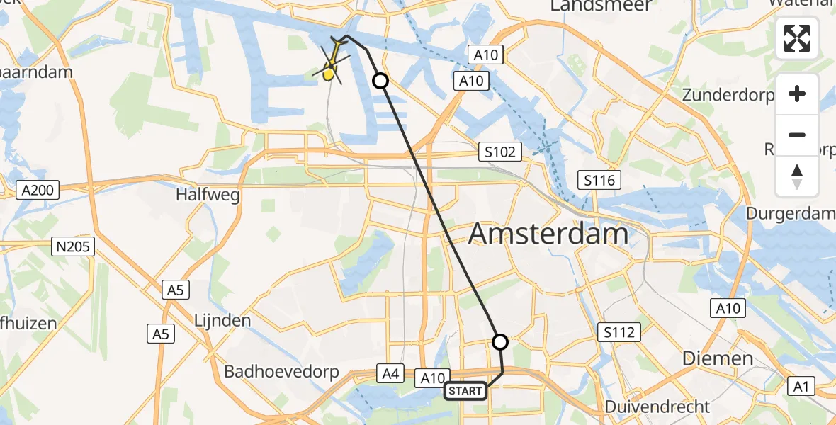 Routekaart van de vlucht: Lifeliner 1 naar Amsterdam Heliport, Ringweg-Zuid