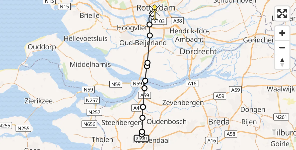 Routekaart van de vlucht: Lifeliner 2 naar Erasmus MC, Roosendaalseweg