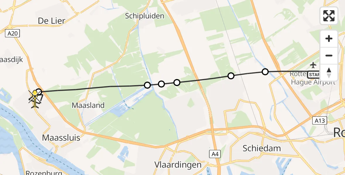 Routekaart van de vlucht: Lifeliner 2 naar Maassluis, Schemer