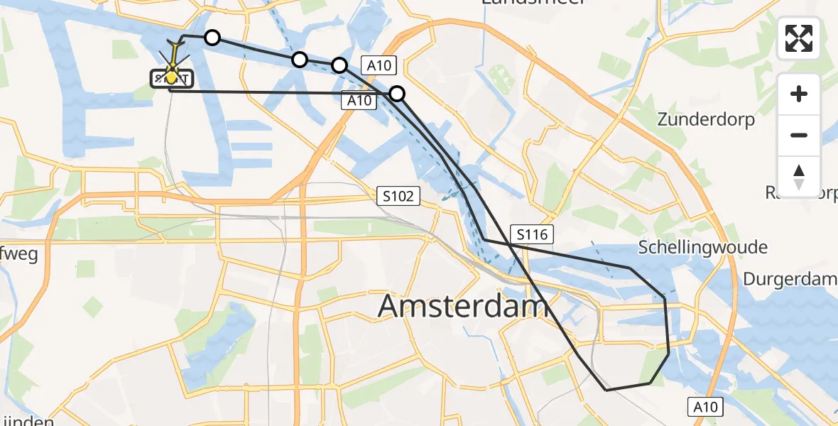 Routekaart van de vlucht: Lifeliner 1 naar Amsterdam Heliport, Toetsenbordweg