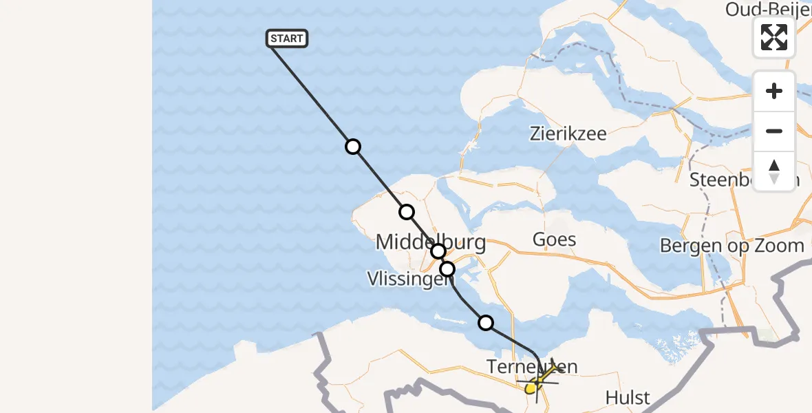 Routekaart van de vlucht: Kustwachthelikopter naar Terneuzen, Maassingel