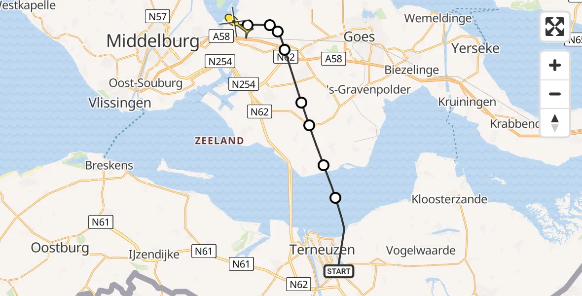 Routekaart van de vlucht: Kustwachthelikopter naar Vliegveld Midden-Zeeland, Basaltpromenade