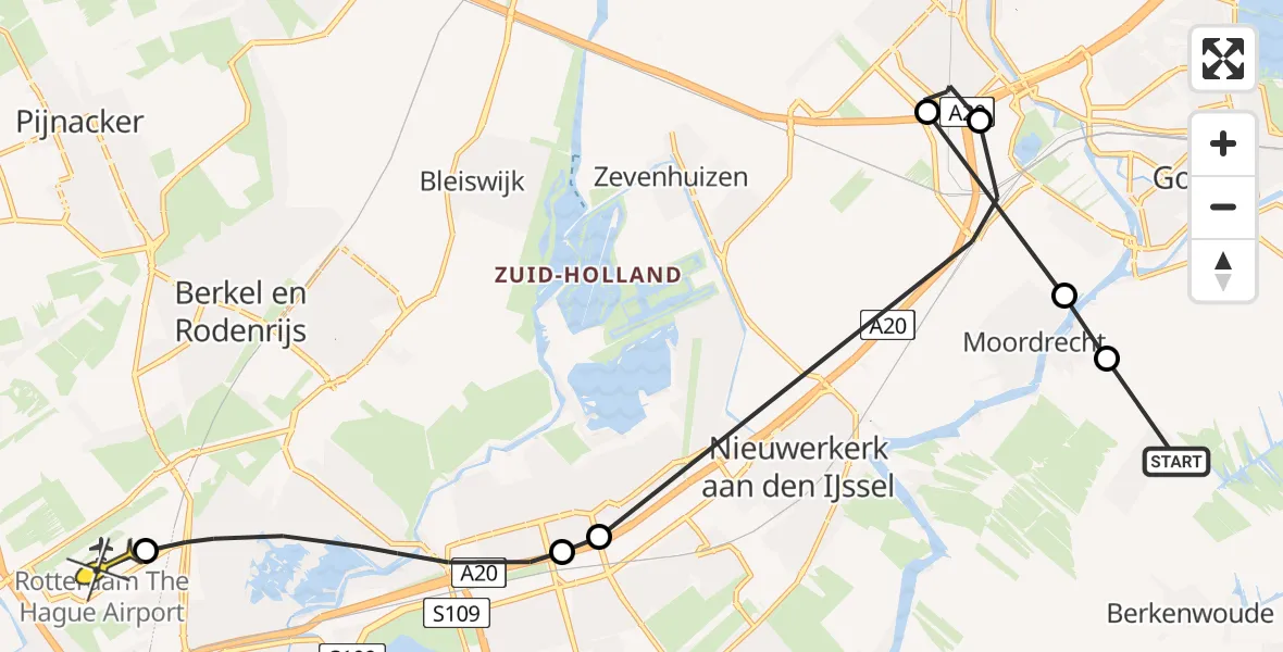 Routekaart van de vlucht: Politieheli naar Rotterdam The Hague Airport, Weegbree