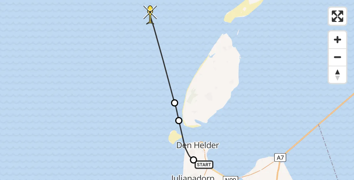 Routekaart van de vlucht: Kustwachthelikopter naar Kortevliet