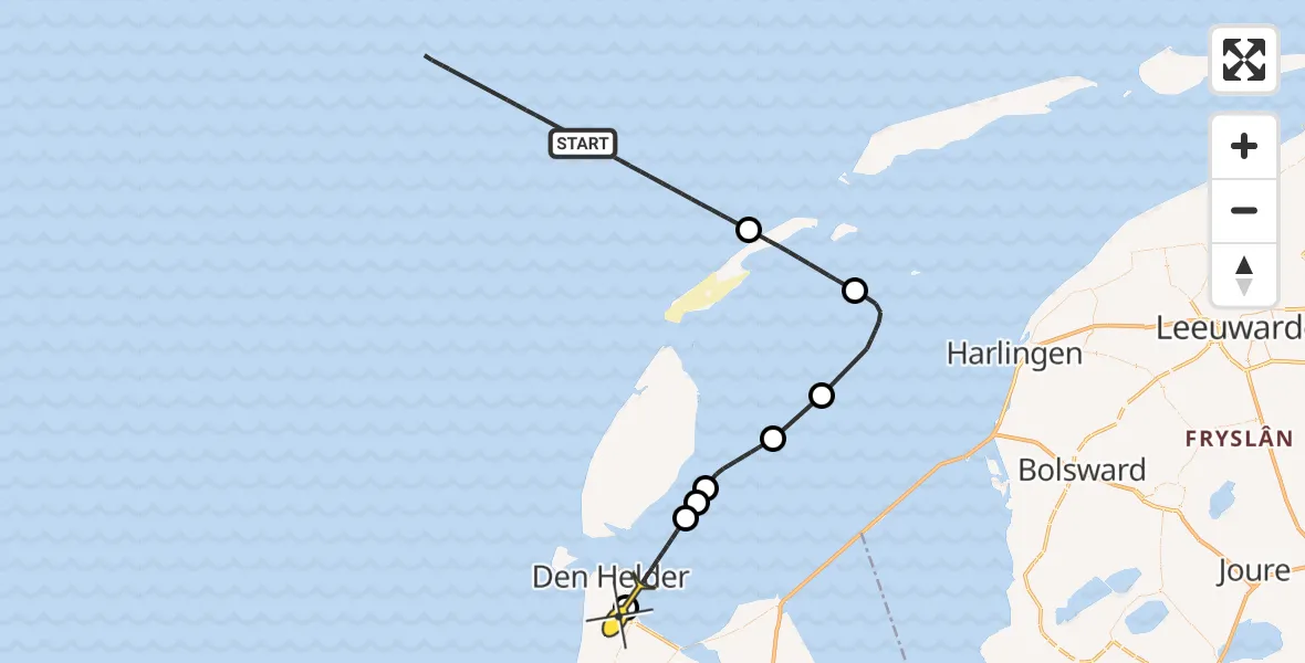 Routekaart van de vlucht: Kustwachthelikopter naar Vliegveld De Kooy, Doggersvaart