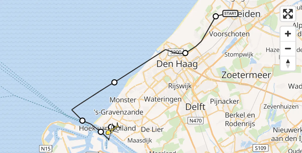 Routekaart van de vlucht: Politieheli naar Hoek van Holland, Oostdorperweg