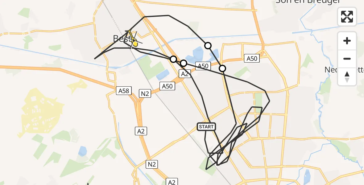 Routekaart van de vlucht: Politiehelikopter naar Best, De Waterkanters