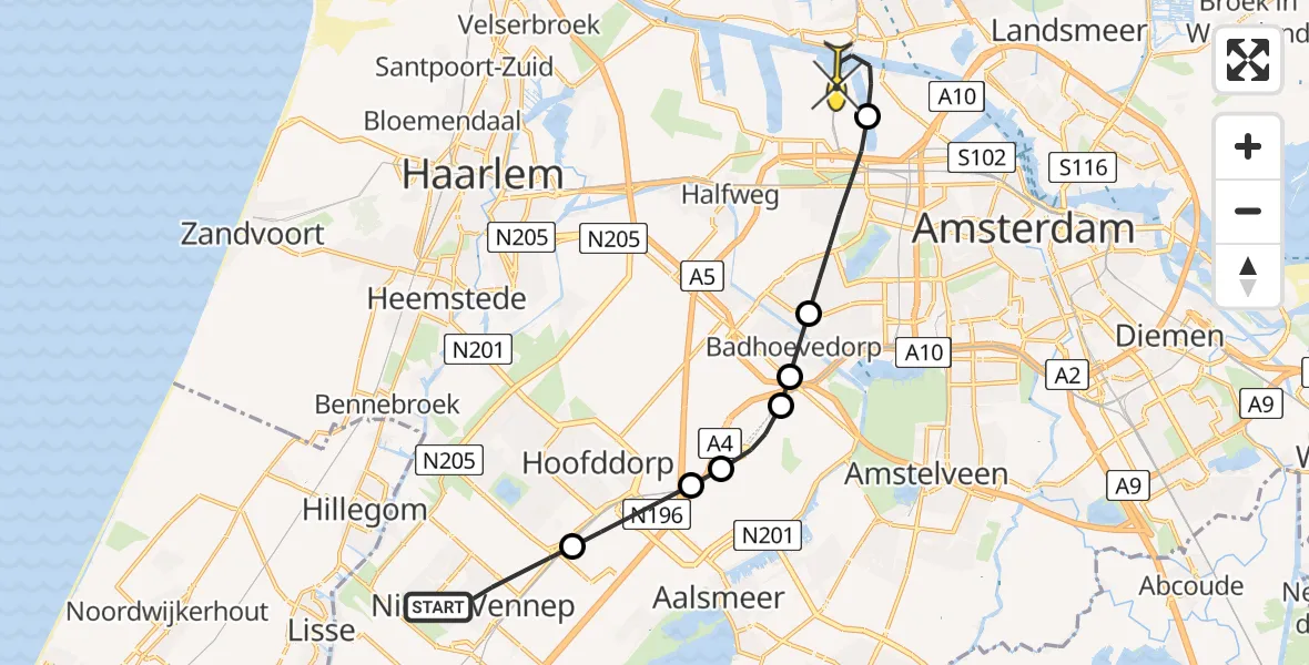 Routekaart van de vlucht: Lifeliner 1 naar Amsterdam Heliport, Nieuwstraat