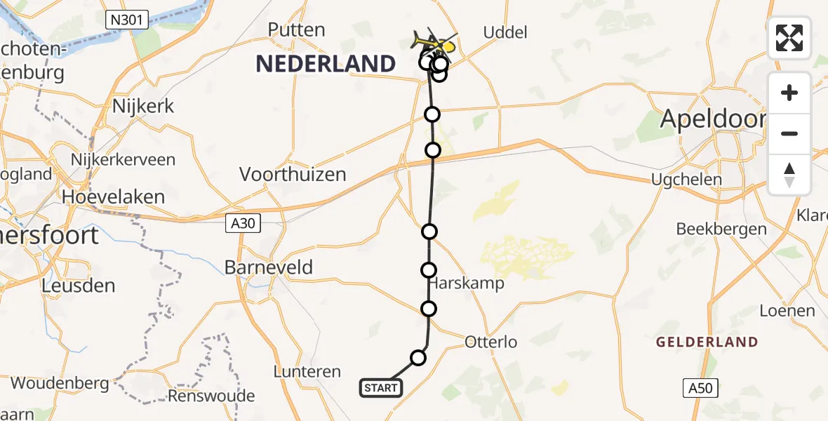 Routekaart van de vlucht: Politieheli naar Ermelo, Wekeromseweg