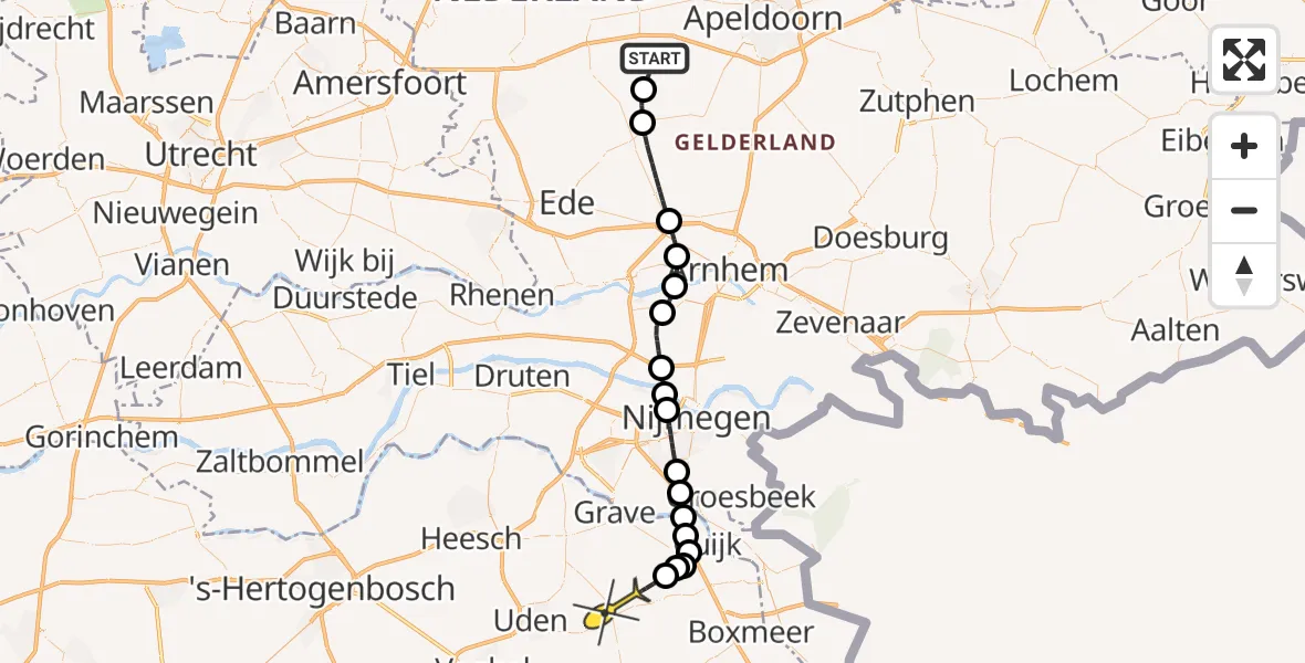 Routekaart van de vlucht: Politiehelikopter naar Mill, Peelweg