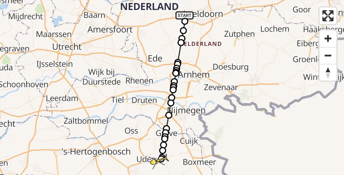 Vluchtroute Politiehelikopter van Hoog Soeren naar Vliegbasis Volkel